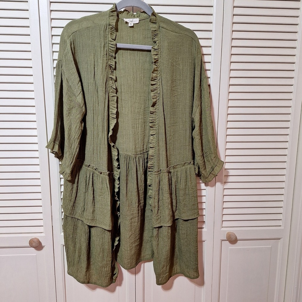 Easel Los Angeles Olive Green Tencel Ruffle Tiered Open Front Cardigan ET3297 M